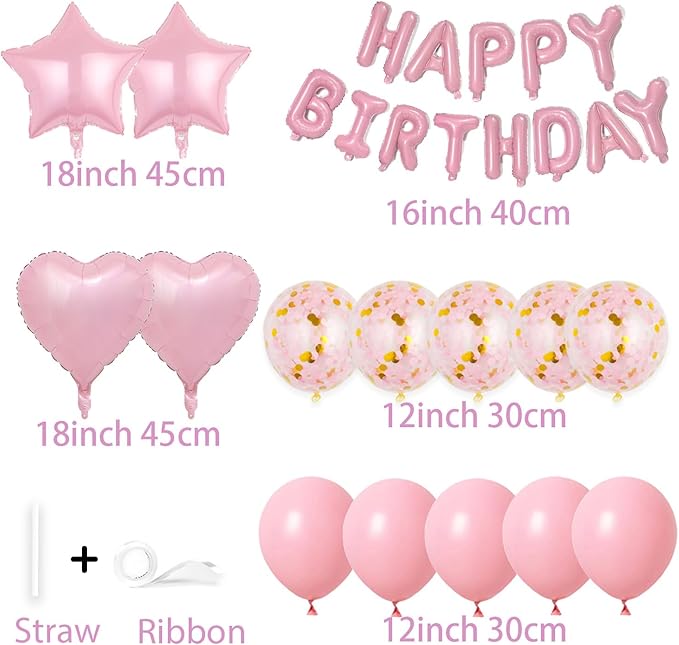 27 Pcs Pink Birthday Decorations, 3D Foil Pink Happy Birthday Balloon Banner, Pentagram Heart Foil Balloons Confetti Balloons Kit For Boys Girls Birthday Party Supplies