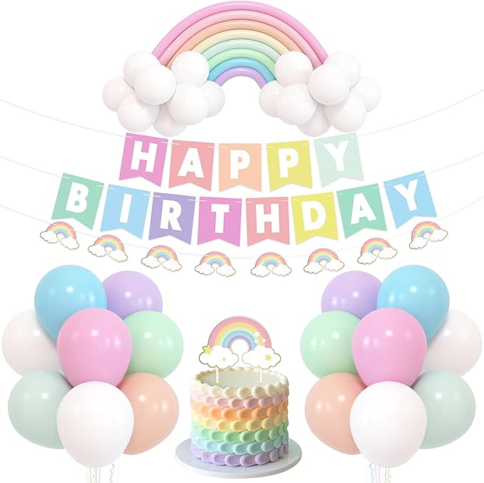 Bessmoso Pastel Rainbow Birthday Decorations Include Happy Birthday Banner Rainbow Bridge Balloons Cake Topper Rainbow Party Decorations Party Supplies for Adults Girls Boys