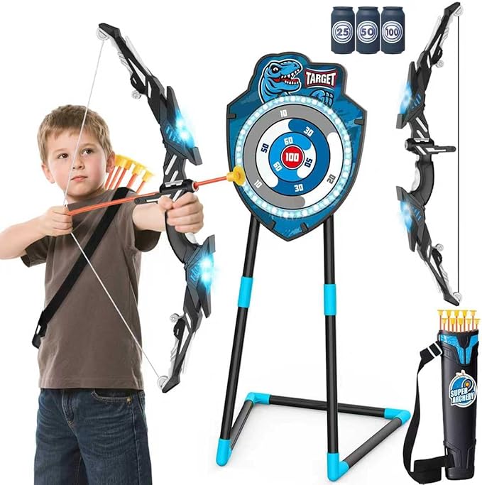 Kids LED Archery Set with Standing Target, 10 Suction Cup Arrows Bow and Arrow for Kids 3-12, Indoor Outdoor Sport Toy for Boys Girls