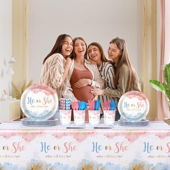 194 PCS Gender Reveal Decorations Gender Reveal Paper Plates Cups and Napkins Sets He or She Baby Shower Party Supplies Pink and Blue Disposable Tableware Set with Tablecloth Serves 24 Guests