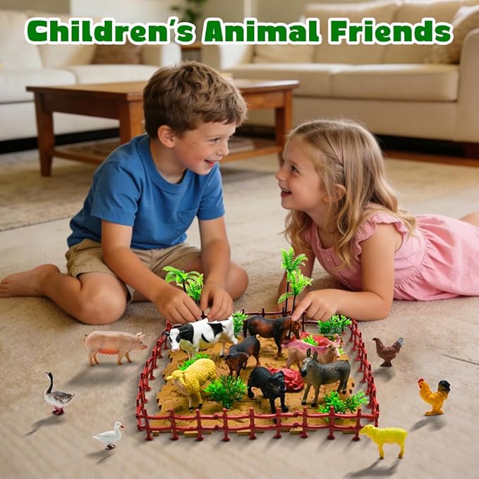 BOLZRA Farm Animal Figurines, Realistic Plastic Animals Toys with Fences Building Blocks, Farm Figures Playset Educational Christmas Birthday Gift for Kids & Toddlers, 53 PCS