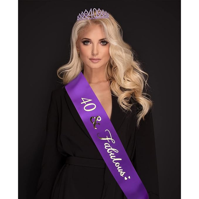 CIEHER Purple 40th Birthday Celebration Kit - 40th Birthday Sash and Tiara Set, Party Favors, Decorations and Cake Topper