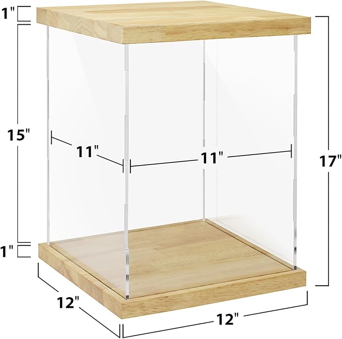 BenchPro Clear Acrylic Display Case for Trophy, Collectibles, Assemble Cube Display Box Stand Dust Proof Protection Showcase for Action Figures Toys. (1" Thick Wood, 17" H x 12" L x 12" D)
