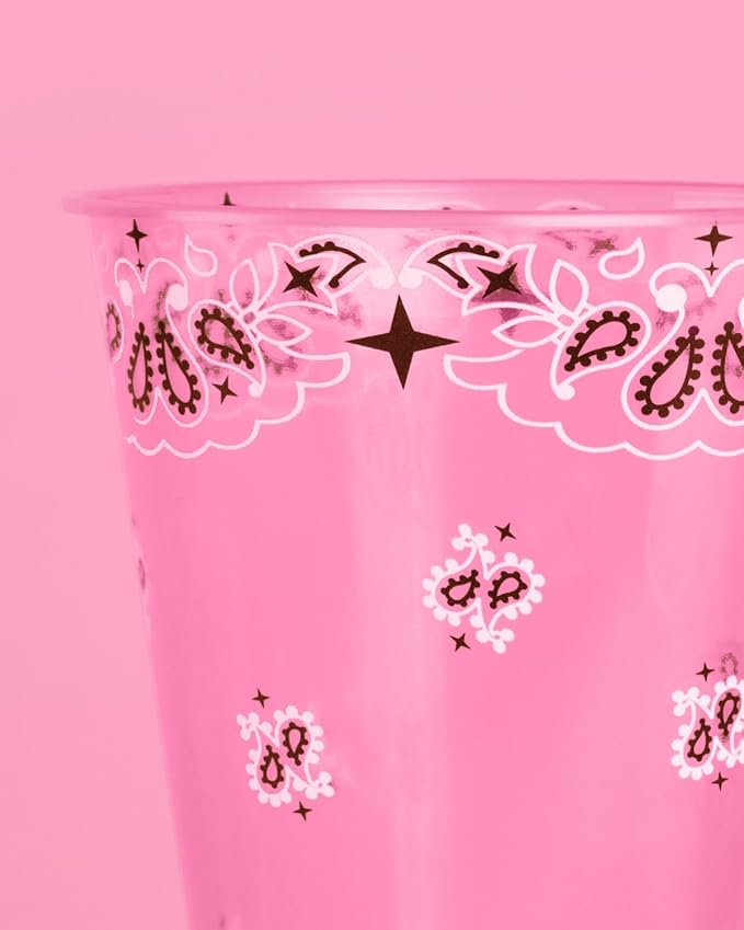 xo, Fetti Cowgirl Plastic Cups - Set of 16, 12oz | Western Party, Pink Cowgirl, Rodeo Cups, Bandana Print, Girls Birthday, Boot Decorations