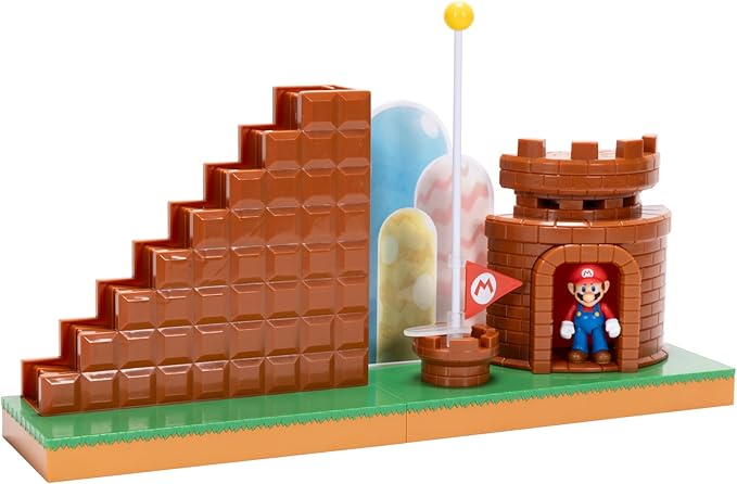 Super Mario Nintendo 2.5" Action Figures Course Complete Playset with Mario Figure, Interactive Stairs, Flagpole, Castle, and Base Platform