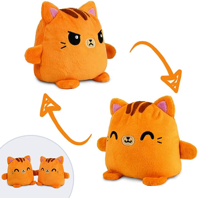 TeeTurtle | Plushmates | Cat | Orange Tabby | Happy + Angry | The Reversible Plush That Hold Hands! 4.5 inch