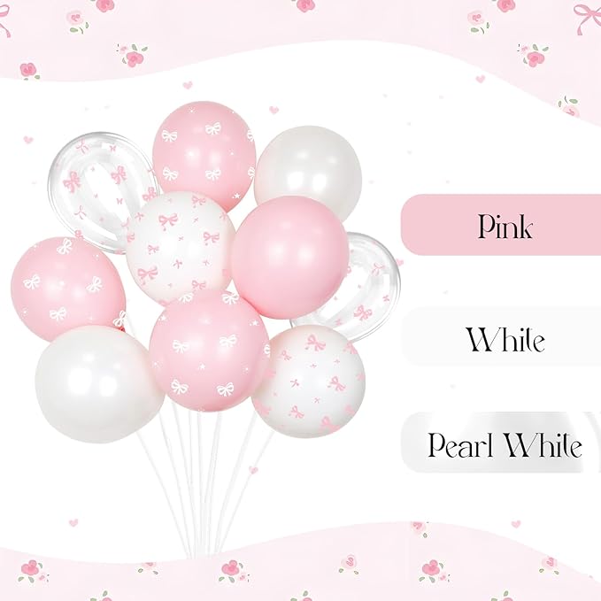 60pcs Pink Bow Balloons 12inch with Pink White Clear Bow Balloons for Pink Coquette Wedding Baby Shower Birthday Party Decorations
