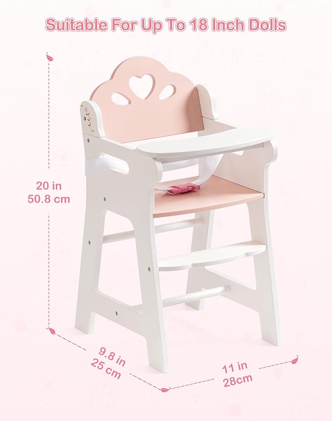 ROBUD Baby Doll High Chair, Pretend Play High Chair with Seat Belt, White Wooden Baby Doll Accessories with Movable Tabletop, Fits 18-20 Inch Dolls, WRP27