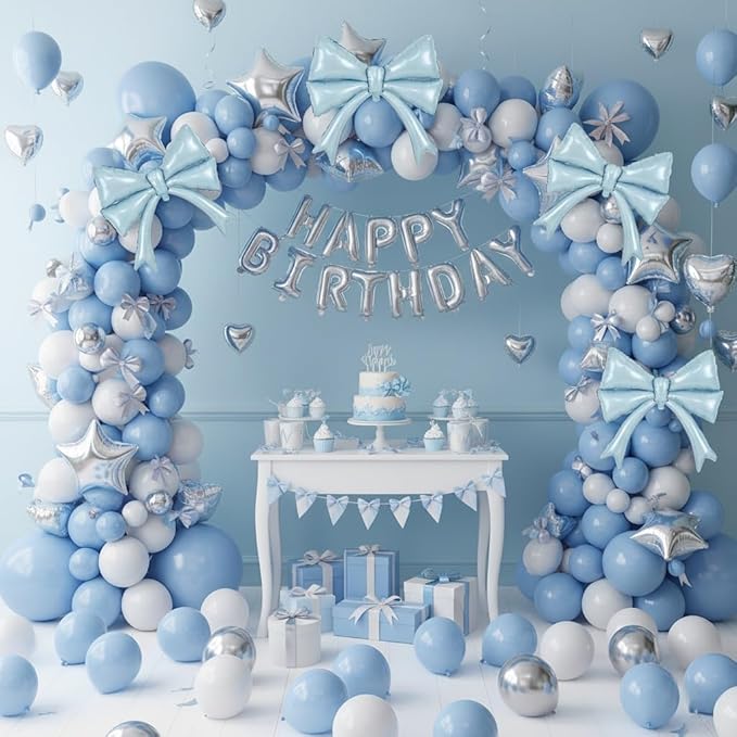 2pcs Dusty Blue Bow Balloons for Bow Party Decorations, Giant Light Baby Blue Mylar Foil Balloon for Coquette Party Decor Bow Themed Sweet 16 Birthday Bridal Baby Shower Bachelorette Wedding Supplies