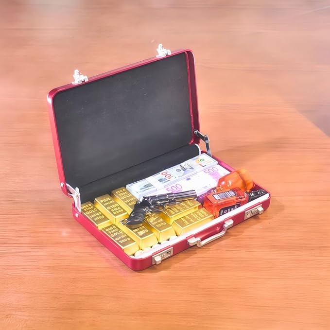 1:6 Scale Miniature Briefcase Set - Includes Fake Gold Bars, Bundles of $100 Mini Dollar Bills, Vintage Coins and Mini Weapons - Unique Adult NoveltyToy & Dollhouse Accessories (Red)