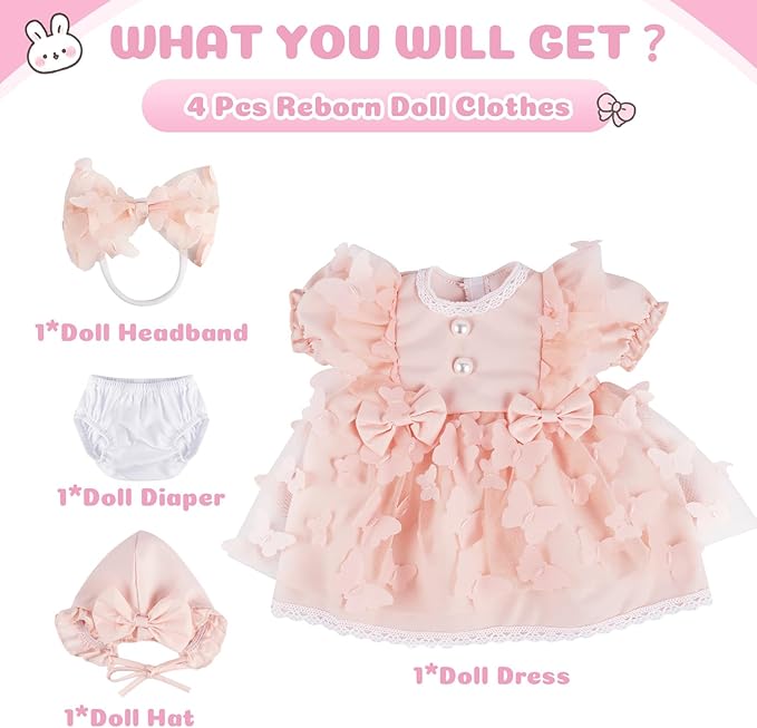 BABESIDE 4 Pcs Reborn Baby Doll Clothes Set for 17-22 Inch Babydolls, Pink Bow Dolls Dress with Hat Headband and Reusable Diaper for Realistic Baby Doll Accessories