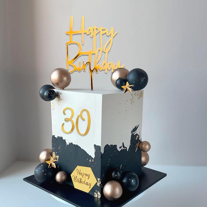 44Pcs Balls Cake Topper Man Cake Decorations with Black Gold Balls Palm Leaves Acrylic Numbers 0-9 and Happy Birthday Cake Toppers for Men Boy Black Theme Birthday Baby Shower Wedding Party Supplies