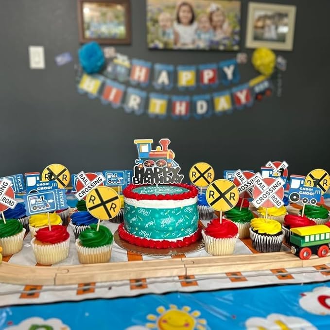 3rd Train Birthday Decorations Boys,3 Years Old Birthday Party Supplies Blue Number 3 Foil Balloons Locomotive Banner,Train Patterned Balloon,Cake Topper