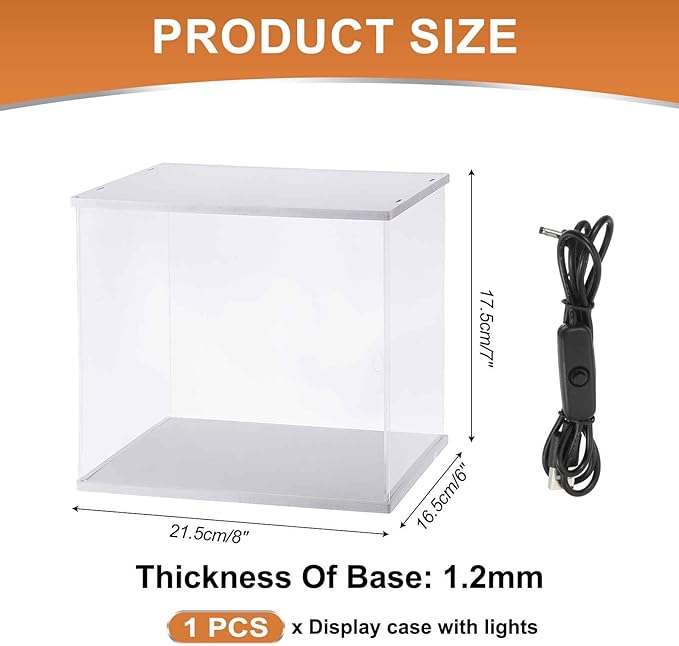 MECCANIXITY Clear Display Case, Acrylic Figure Display Case Clear Display Boxes for Collectibles, Figures Model Toys Home Storage(with Square LED Light, 8x6x7 Inch White Base)