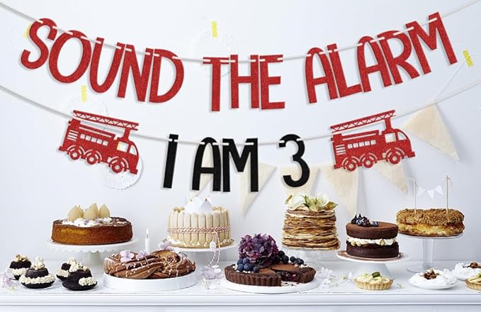 Fire Truck I am 3 Sound The Alarm Banner, Fire Truck 3rd Birthday Decorations, Firefighter Fire Engine Theme 3 Year Old Birthday Party Supplies Red Black