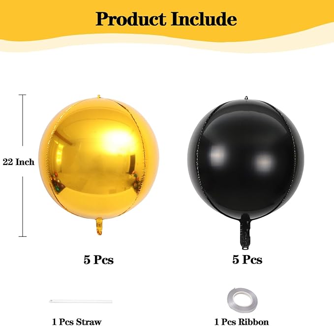 KALOR 22 Inch Black and Gold Foil Balloons, 10 Pcs Large 4D Giant Round Metallic Foil Balloon for Birthday Party Baby Shower Graduation Party Decorations