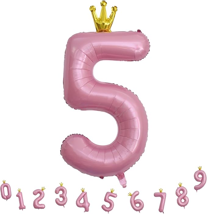 40 Inch Pastel Pink 5 Number Balloons, Giant Foil 5th Birthday Number Balloon, Crown Self Inflating Light Pink Balloons 0-9 Set for Girls Women Birthday Party Decor Anniversary Decorations Supplies
