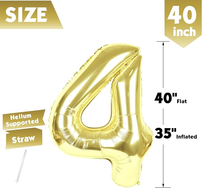 40 Inch Champagne Gold Number 4 Balloon, Giant 4 Number Balloons for 4th Birthday Decorations, Party Supplies for Baby Boy Girl, Champagne Gold Party Decor