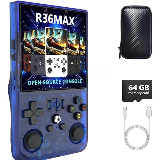 Donop R36MAX Retro Handheld Gaming Console, 4.0 Inch IPS Screen with 64GB TF Card, Open Source Linux System Portable Video Game Player, 4000mAh Battery Classic Gaming Gift (Blue)