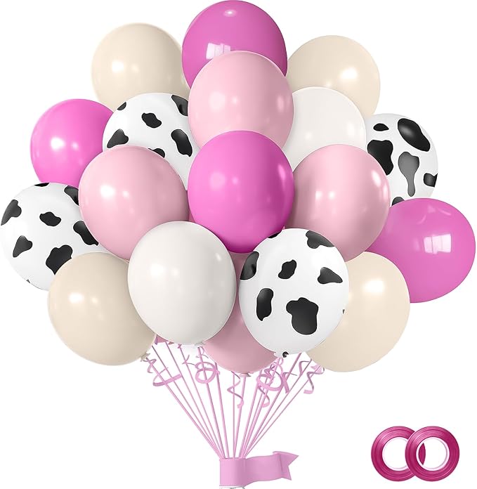 Pink Western Cowboy Balloons, 60pcs 12inches Pink White Cow Print Nude Blush Balloons, Party Balloons for Cowboy Birthday Baby Shower Farm Western Cowboy Cow Themed Party Decorations
