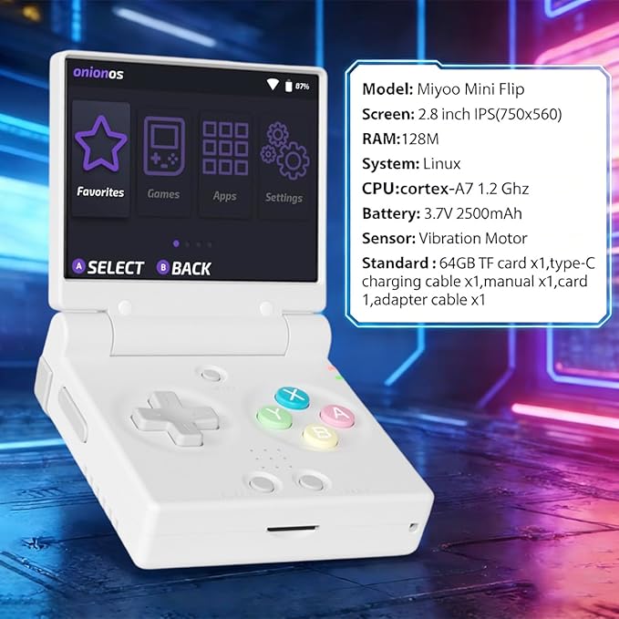 Miyoo Mini Flip Handheld Game Console 2.8-inch 750*560 IPS Screen 2500mAh Miyoo-mini Flip Clamshell Retro Games Consoles OnionOS-64GB White