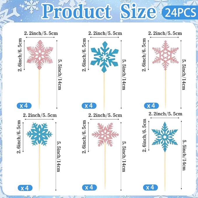 Snowflake Cupcake Toppers, 24 PCS Glitter Winter Frozen Cupcake Picks Cake Decorations, Blue and Pink Snowflake Food Picks Toppers for Christmas Winter Wonderland Baby Shower Party Decoration Supplies