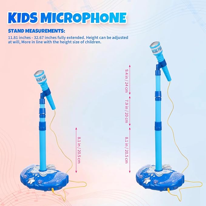 Musical Toys Karaoke Machine for Kids with Adjustable Stand and Microphones,Music Sing Microphone Toy with Flashing Stage Lights(Blue,Without Battery)