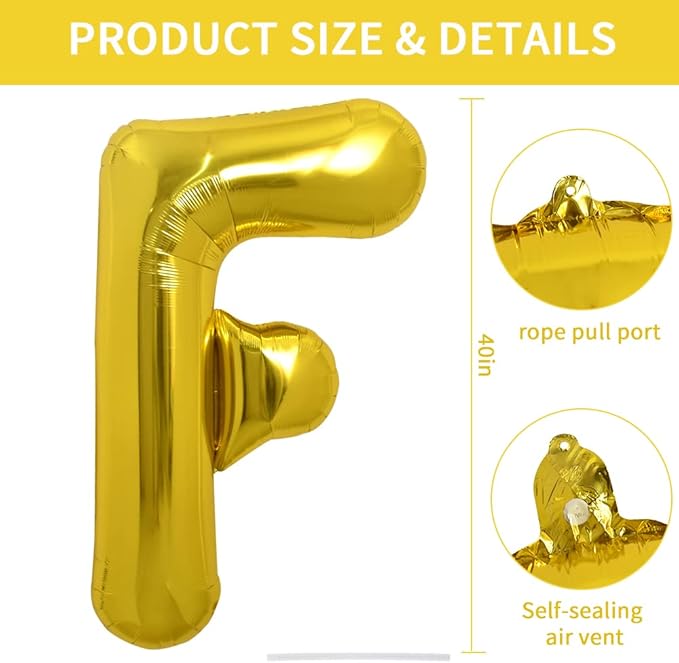 TONIFUL 40 Inch Gold Letter F Balloons, Helium-Filled Foil Mylar Big Balloons for Birthday, Anniversary Decorations
