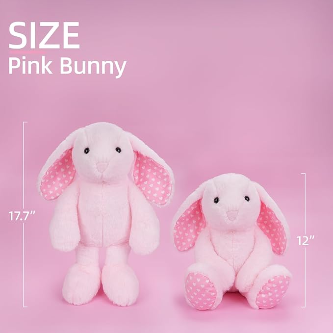 Pink Rabbit Bunny Stuffed Animal Plush Toys with Floppy Ears & Heart Print for Lover, Kids, Boys, Girls, Babies - Perfect Birthday Nursery Décor Easter Christmas Bedtime Gift