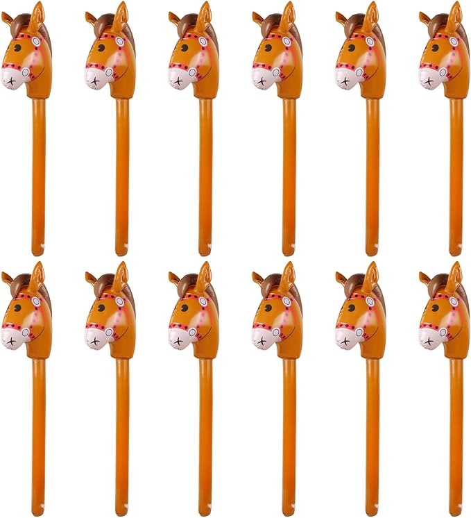 12PCS Inflatable Stick Horse,Blow Up Horse Head on Stick Pony Costume Western Cowboy Cowgirl Baby Shower Birthday Party Decorations Halloween Supplies Favors Props, 38 Inches (Brown)