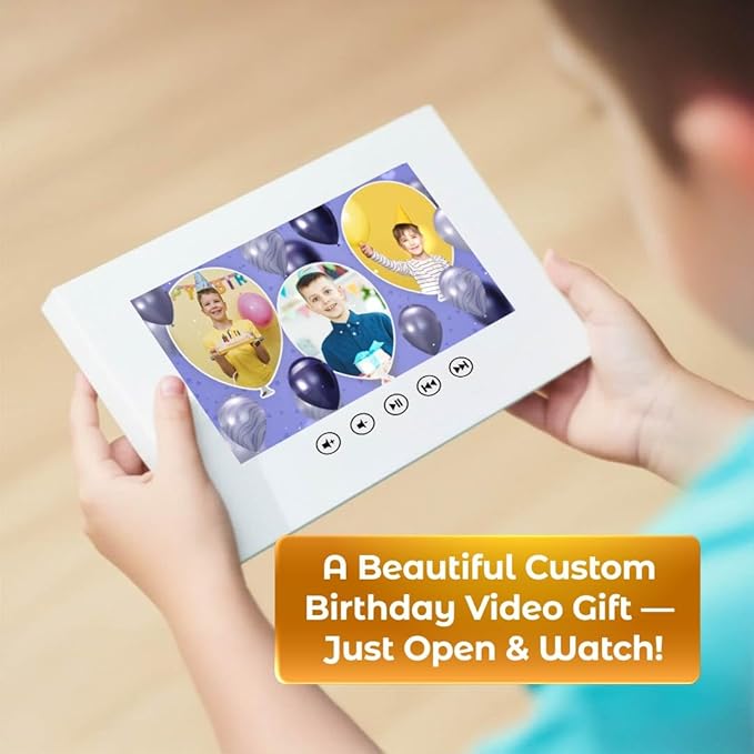 Custom Birthday Video Card for Boys – Playable Slideshow with Photos – Unique Tech Gift for Kids – 7” LCD Display, Rechargeable Battery, 8GB Built-in Memory
