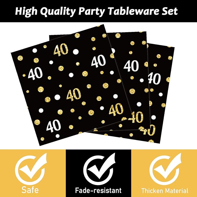 96 Pcs 40th Birthday Plates and Napkins Party Supplies Black Gold Happy Forty Theme Tableware Set 40th Birthday Decorations Favors for Men and Women Serves 24
