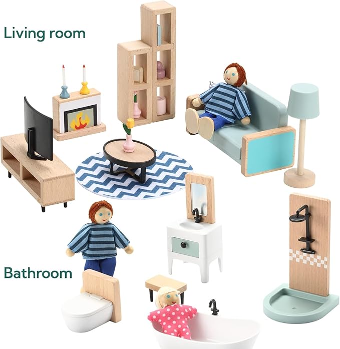 Giant bean 36pcs Wooden Dollhouse Furniture Set 5 Rooms 4 Family Dolls, Wood and Plastic Blue Dollhouse Accessories, Pretend Play Furniture Toys Christmas Birthday Gift for Boys Girls Kids Toddlers 3+