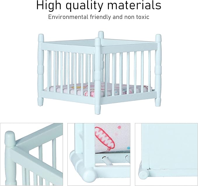 1:12 Scale Wooden Doll House Baby Bed DIY Miniature Doll House Mini Furniture Accessories with Mattress Square Bed Blue Children's Day Gift