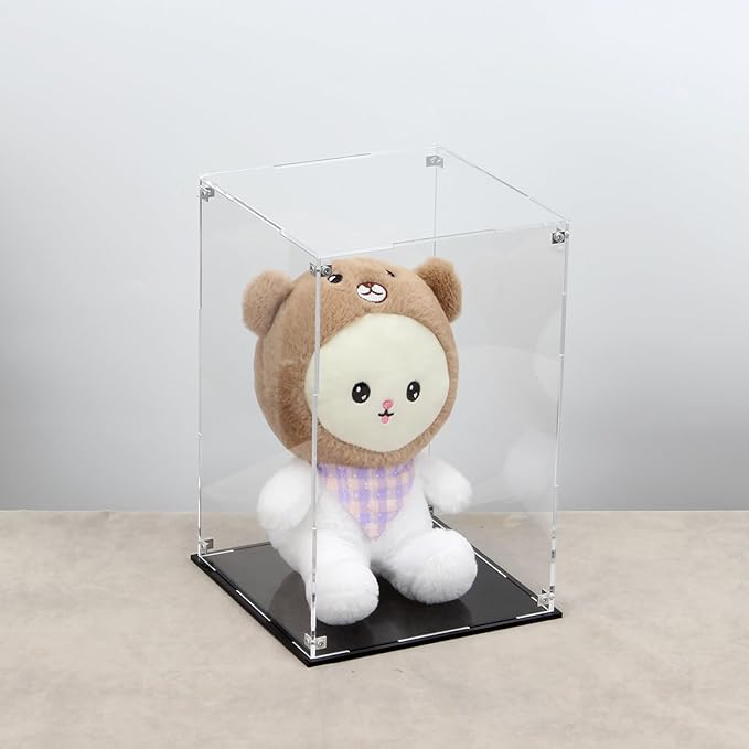 Self Assemble Acrylic Display Case with Black Base, Clear Acrylic Box Countertop Box Glass Case for Collectibles, Rectangle Box with Black Stand for Display Dolls Models Figures, 8x8x12In