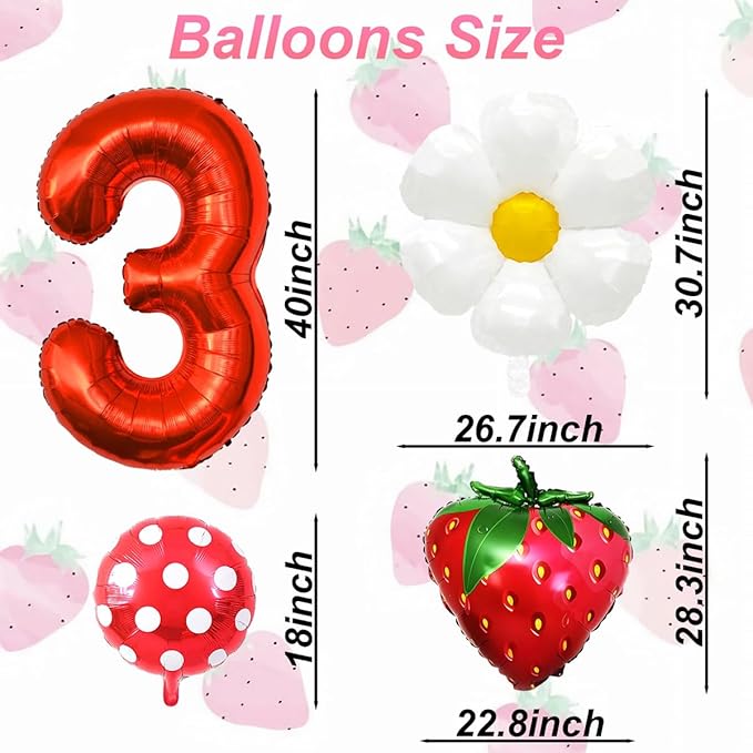 Strawberry Balloons Third Birthday Decorations for Girl, 40 Inch Mylar Red Number 3 Balloons, Strawberry Balloon for Strawberry Party Decorations, Strawberry Birthday Decorations