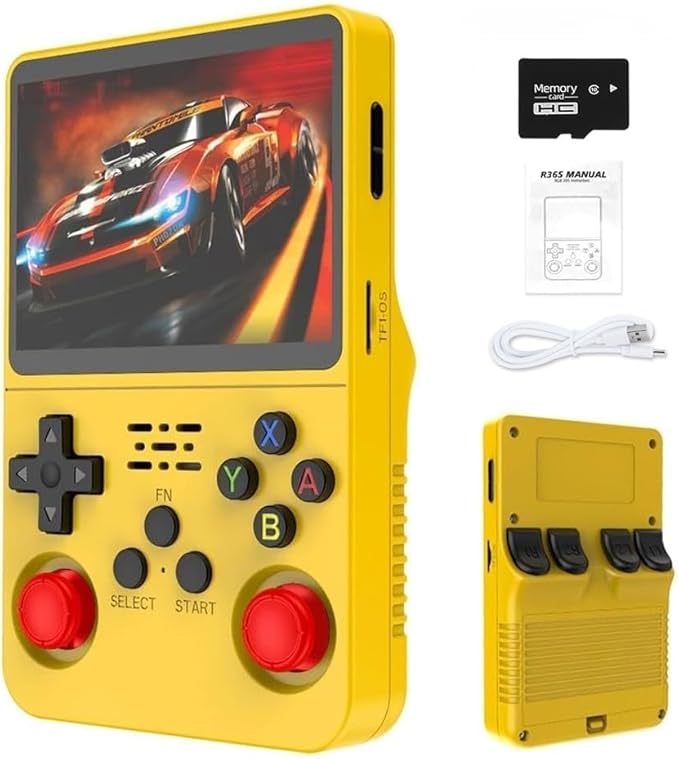 R36S 2025 New Retro Handheld Game Console, 20000+ HD Games Mini Retro Video Console, 3.5 Inch IPS Screen, Portable Arcade Video Gaming Console Gift for Adults (Yellow)