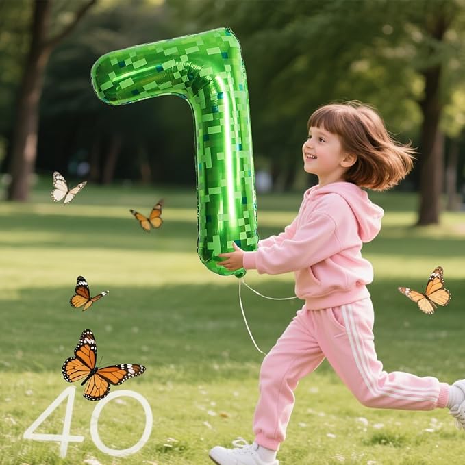 34Pcs Pixel Happy Birthday Party Decorations Set Green Pixel Miner Number 7 Foil Balloon Large Mylar Mining Theme 7th Number Balloons Video Game Party Supplies Cubes Boxes Decor