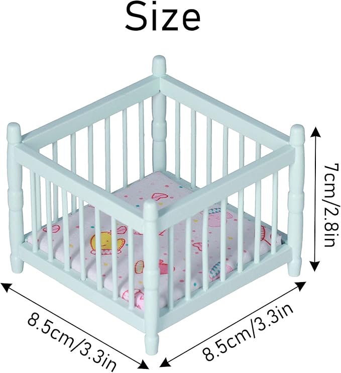 1:12 Scale Wooden Doll House Baby Bed DIY Miniature Doll House Mini Furniture Accessories with Mattress Square Bed Blue Children's Day Gift