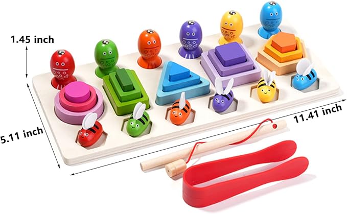 Wooden Montessori Toys for 3 Year Old，Shape Sorter Stacking Games, Fishing Games Preschool Learning Educational Toys for Boys Girls Toddlers (Little Bee)