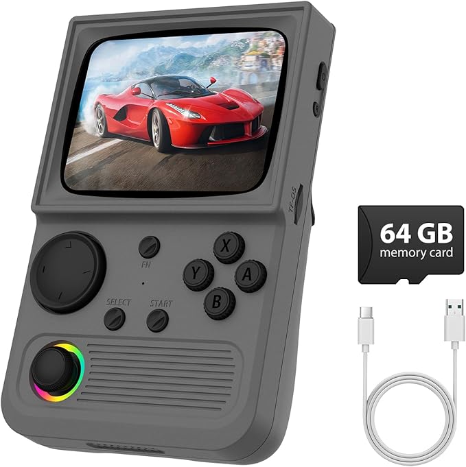 R36T Retro Gaming Console, 3.5'' IPS Screen CRT-Inspired, Handheld Game Console with 18000+ Classic Games Supports WiFi Networked Fighting and OTG, 3500mAh Battery, with Portable Case(Grey 64GB)