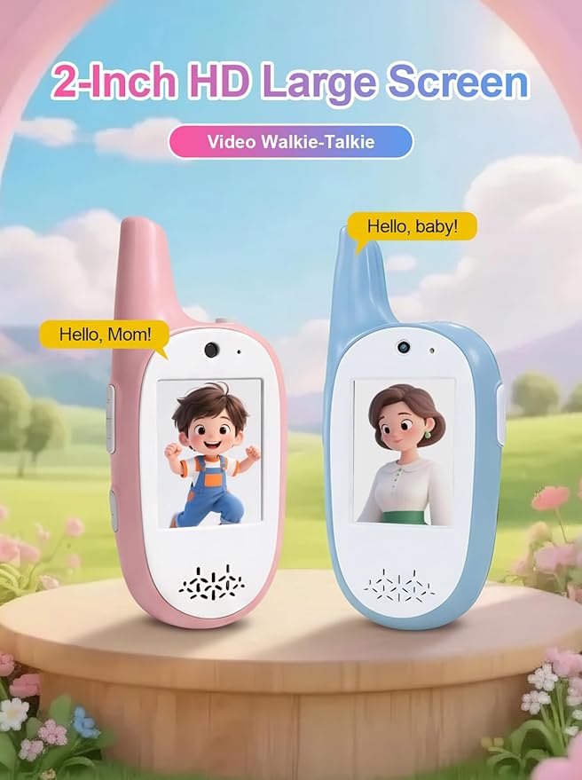 Video Walkie Talkie for Kids, Pink and Turquoise 2 Pack,1000ft Long Range,Two-Way Radio with Rainbow Display Screen, Electronic Communication Toy for Children