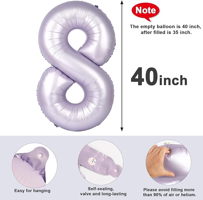 40 Inch Number 8 Balloon, Cream Purple 8 18 28 80 Birthday Balloons for Men Boys, 8th Birthday Decorations Party Supplies, Wedding, Graduations