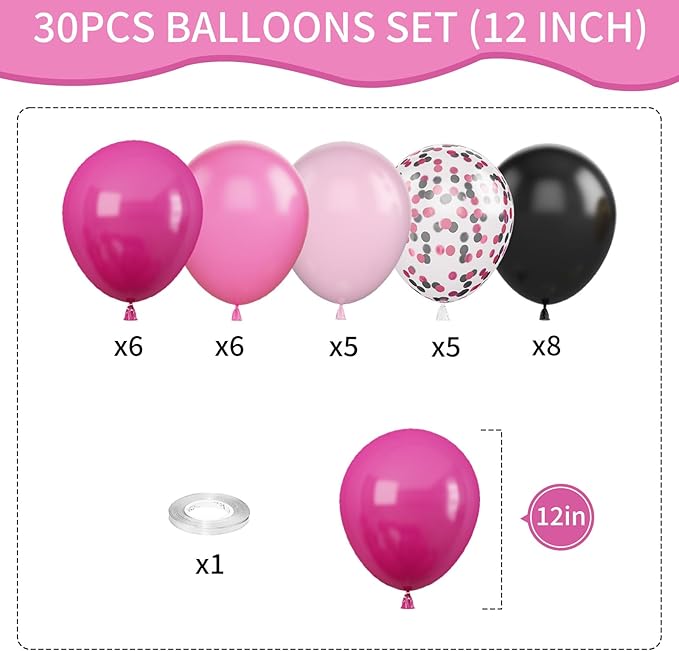 Pink and Black Balloons, 12 Inch Hot Pink Black Balloons Set with Black Pink Confetti Balloons, Pastel Pink Light Pink Black Balloons for Girl Birthday Party Wedding Decorations