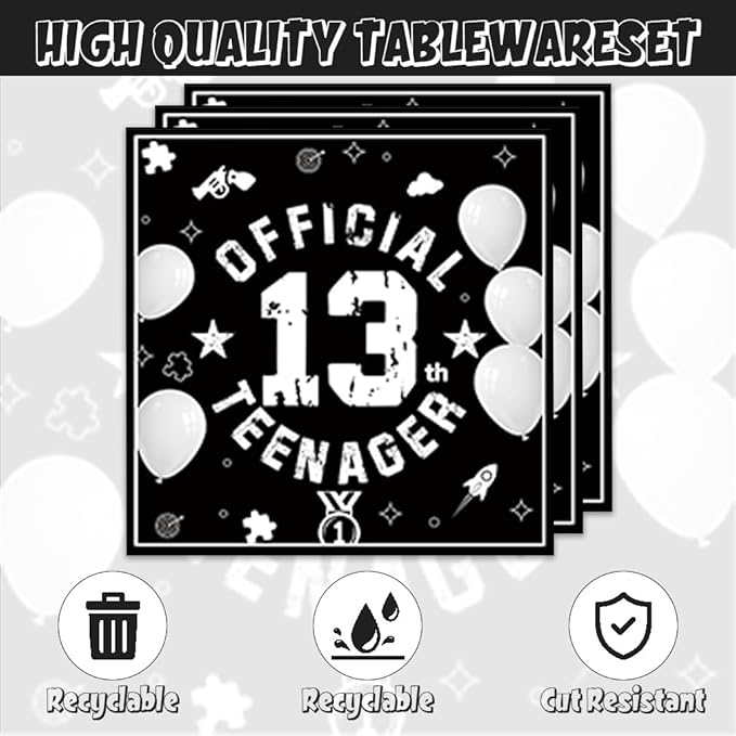 40Pcs 13th Birthday Decorations for Boys Black and Silver Plates and Napkin Set for Boys Teenager Party Decor 13th Birthday Party Decorations