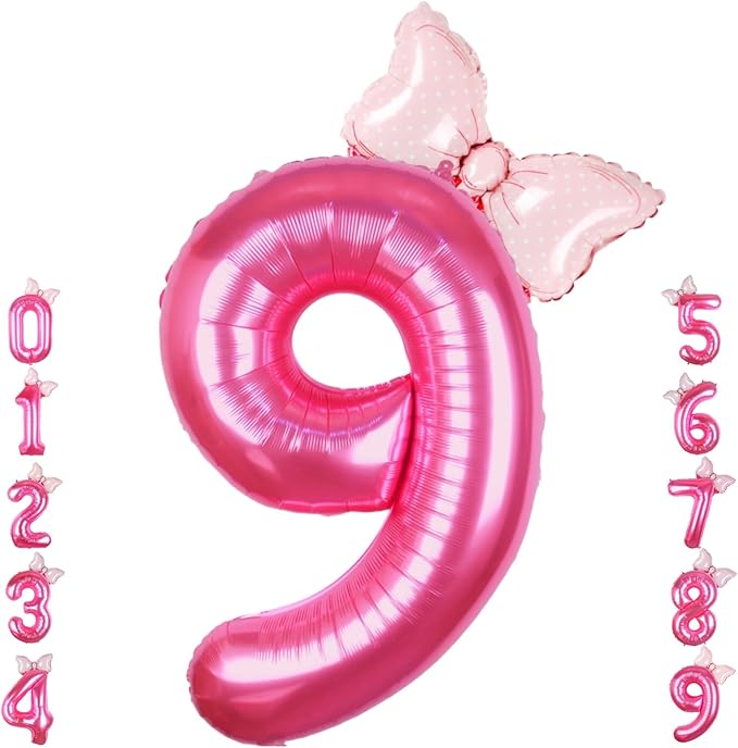 40 Inch Pink Number 9 Balloon with Mini Bow Balloon for Girls 9th Birthday Decorations, Pink Princess Western Cowgirl Theme Sweet Nine Birthday Party Balloons Decorations Supplies Favors
