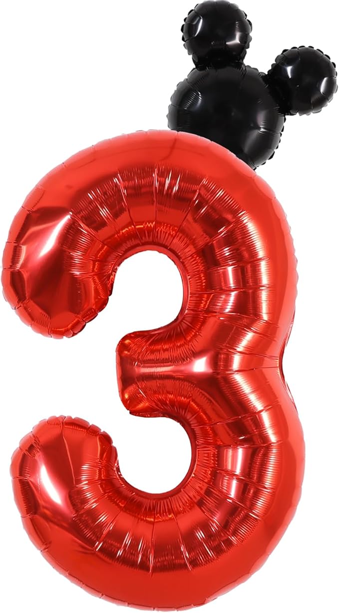 Vuzvuv 40 Inch Mouse Number Balloon No.3, Black Mouse Head Balloon and Red Giant Giant Number Three Balloon for Birthday, Mouse Theme Party Supplies, Baby Shower,Anniversary Decoration