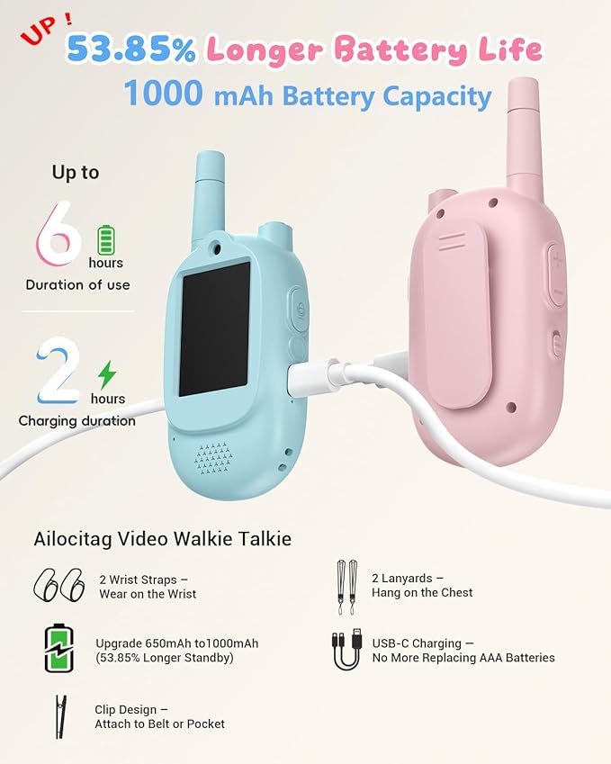 Video Walkie Talkies for Kids Rechargeable Kids Walkie Talkies 2 Pack for Girls Boys 500m/1640FT Range,4 Voice Mode,1000mAh Battery, Fun Toys Birthday Gifts for Boys Girls