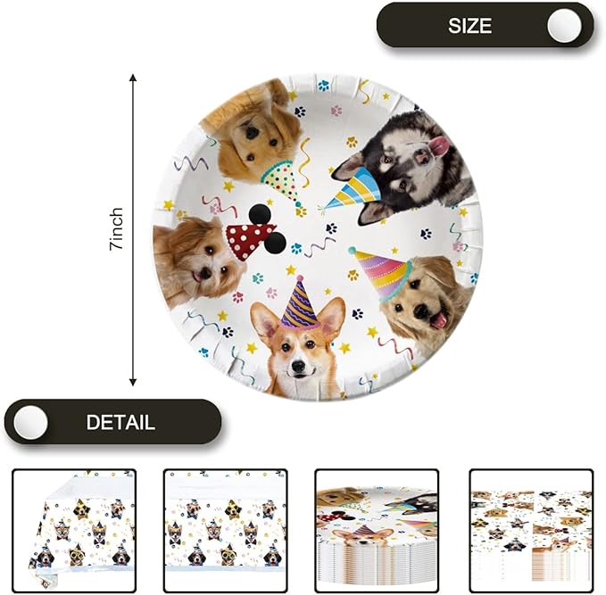 Dog Party Tableware Set,20 Plates and 20 Napkins and Tablecloth71 '' x 42 '',Dog Birthday Theme Party Decorate Supplies