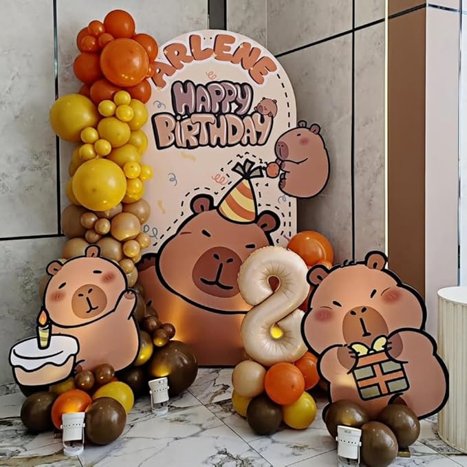 Capybara Birthday Decorations, 171pcs Brown Orange Beige Daisy Balloon Arch with Cute Animal Foil Balloons for Capybara Party Supplies Gender Reveal Baby Shower Kids Birthday Party Decor